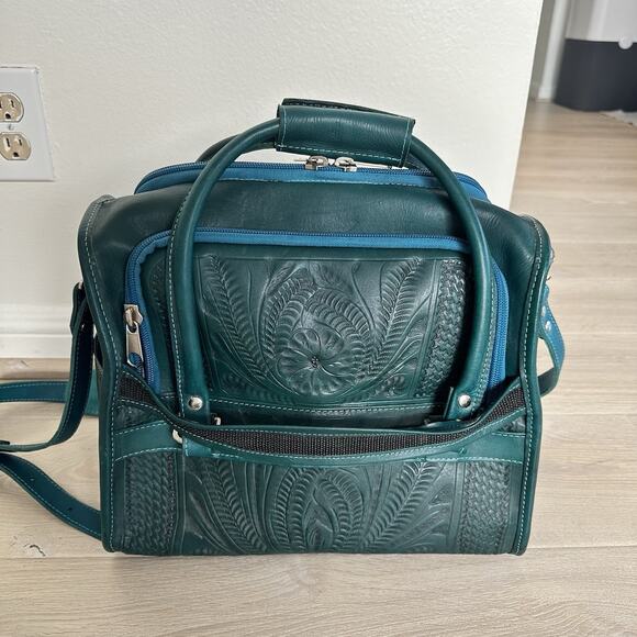 ROPIN WEST VANITY TRAVEL BAG CASE GENUINE HAND TOOLED LEATHER TURQUOISE GREEN - Picture 7 of 13